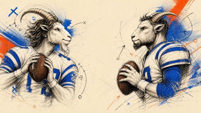 Two distinct quarterback goats representing the 1968 and 2024 Jets eras